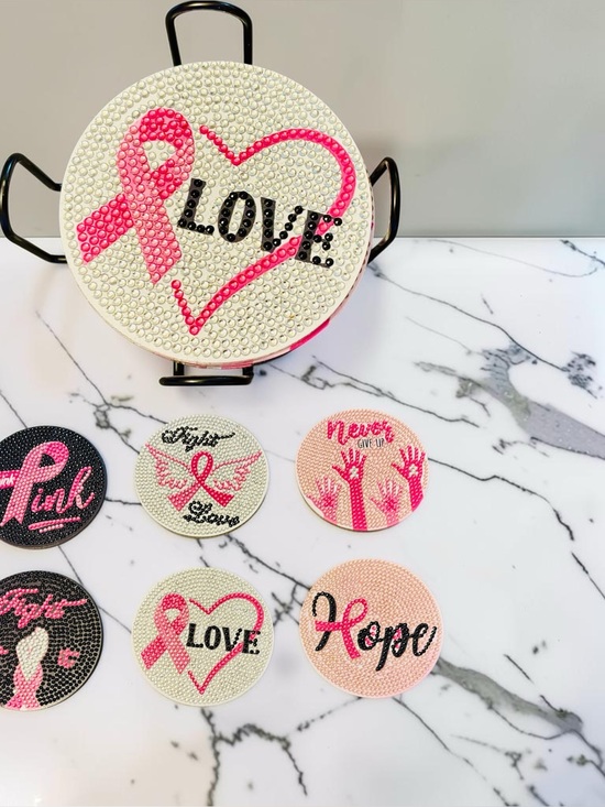 Hand Crafted Other - Breast Cancer Coasters Set of 6 with Holder 
Hand Crafted & Sealed 4”